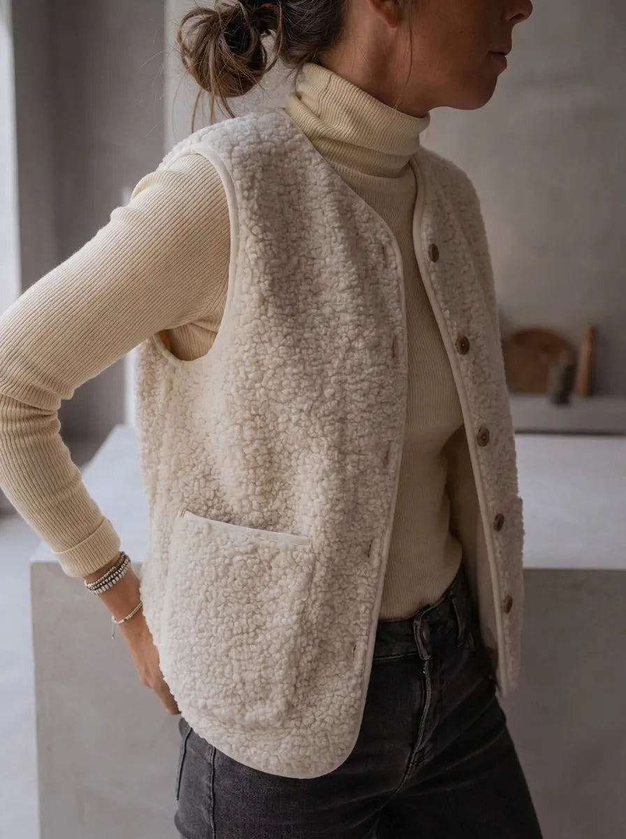Fårskinnsimitation Västar för dam, beige med knäppning