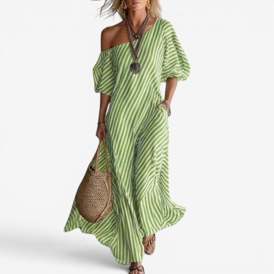 Randig Maxiklänning med Off Shoulder och Puffärm