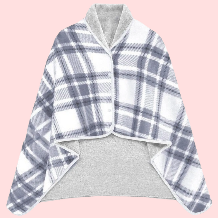 Women's Plaid Snap Button Fleece Lined Poncho Cape
