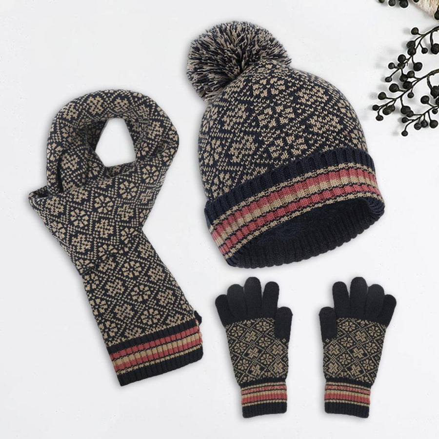 Unisex möss- halsduks- & handskset med pompom, beige, mönstrat stickat