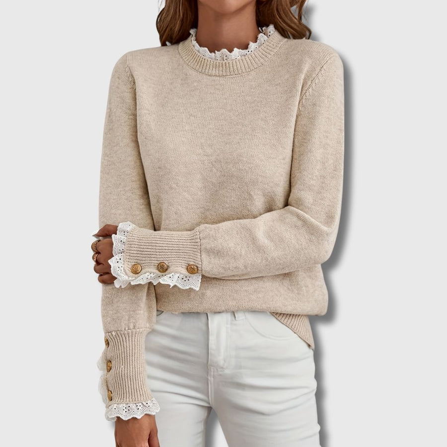 Beige Tröja med Spetsdetaljer och Knappmanschetter
