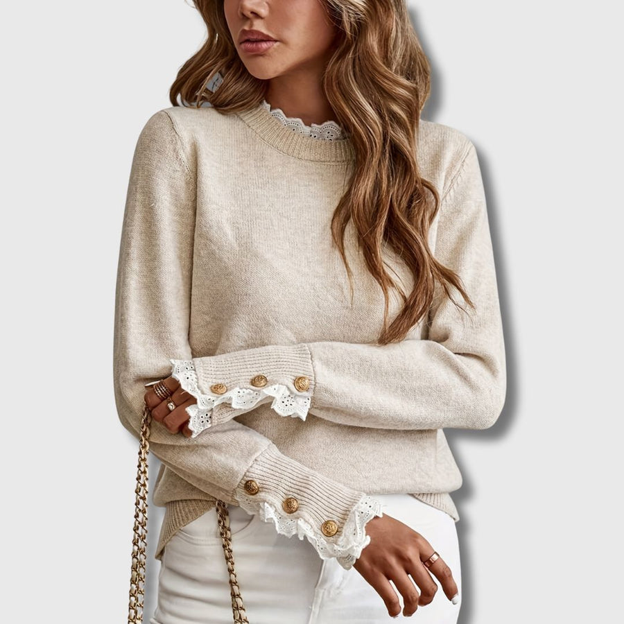 Beige Tröja med Spetsdetaljer och Knappmanschetter