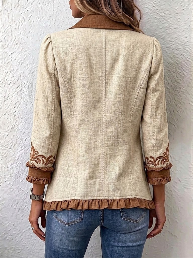 Kvinnors Blazer i Linneblandning med Broderier, Volanger och Dekorativa Knappar