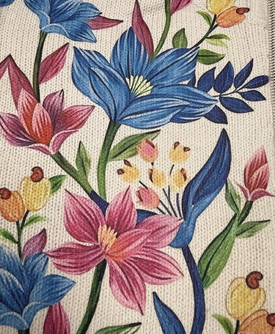 Kvinnors Blommig Tröjjacka, Kraglös med Dragkedja fram