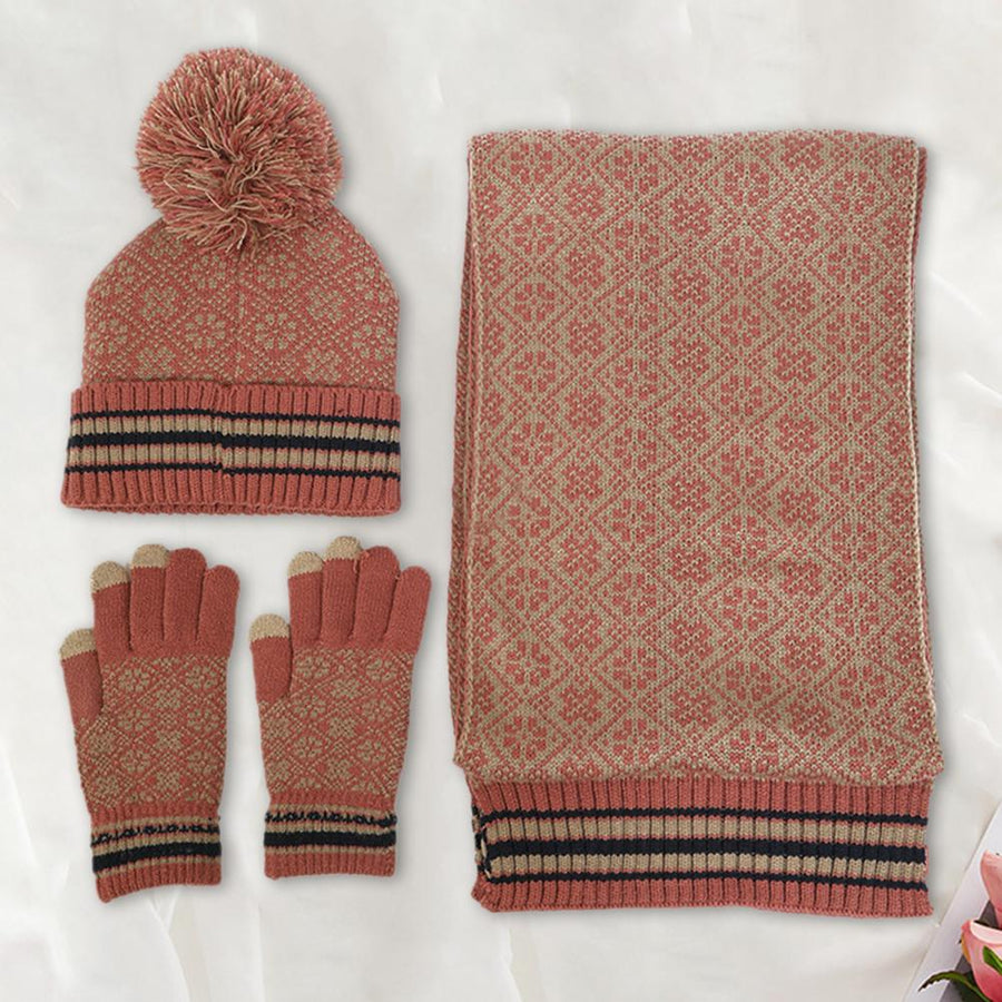 Unisex möss- halsduks- & handskset med pompom, beige, mönstrat stickat