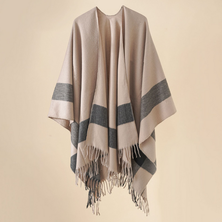 Beige rutig poncho med fransar, mjuk halsdukscape för dam