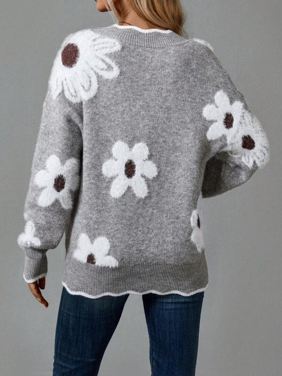 Grå V-ringad Tröja med Blommotiv för Dam, Långärmad stickad tröja