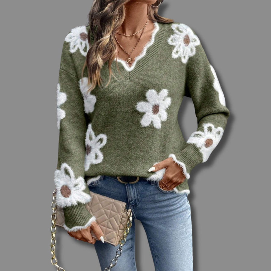 Grå V-ringad Tröja med Blommotiv för Dam, Långärmad stickad tröja
