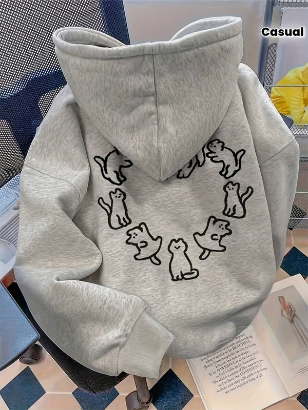 Ljusgrå hoodie med kattryck och huva för unisex