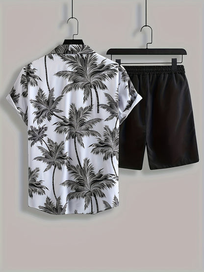 Herrset – Somrig semesterlook med palmtryck, kortärmad skjorta och shorts, avslappnad stil för fritid och strand