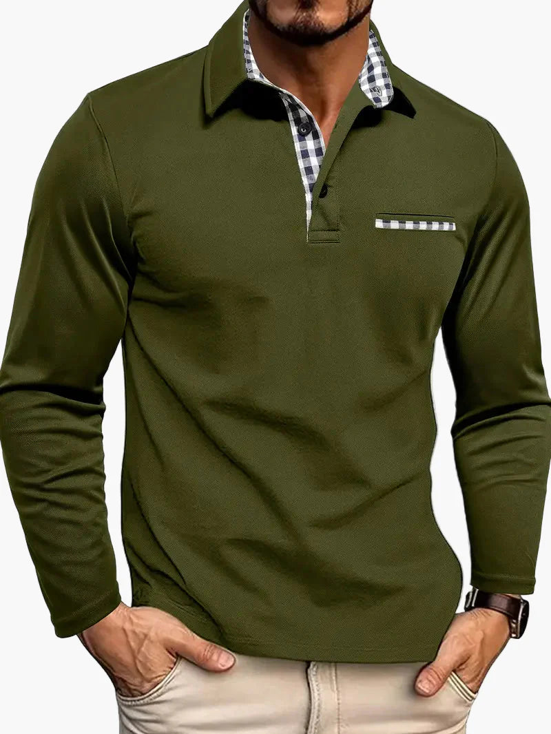 Herr Pikétröja med Långa Ärmar och Rutiga Detaljer – Modern Slim Fit för Alla Tillfällen