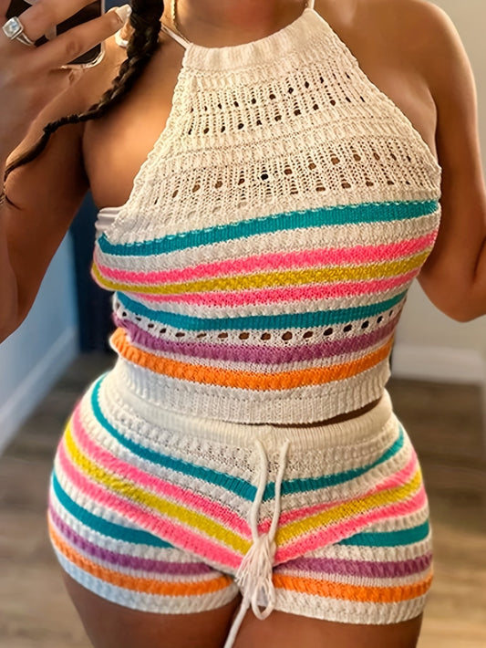 Dam Set Y2K Stickad Halterneck Topp och Shorts – Trendigt Sommaroutfit