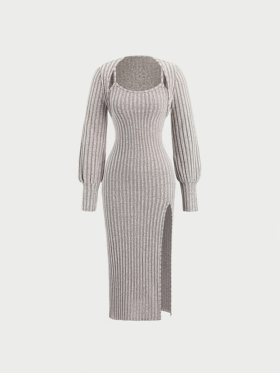 Ribbad klänning med slits och matchande bolero för dam