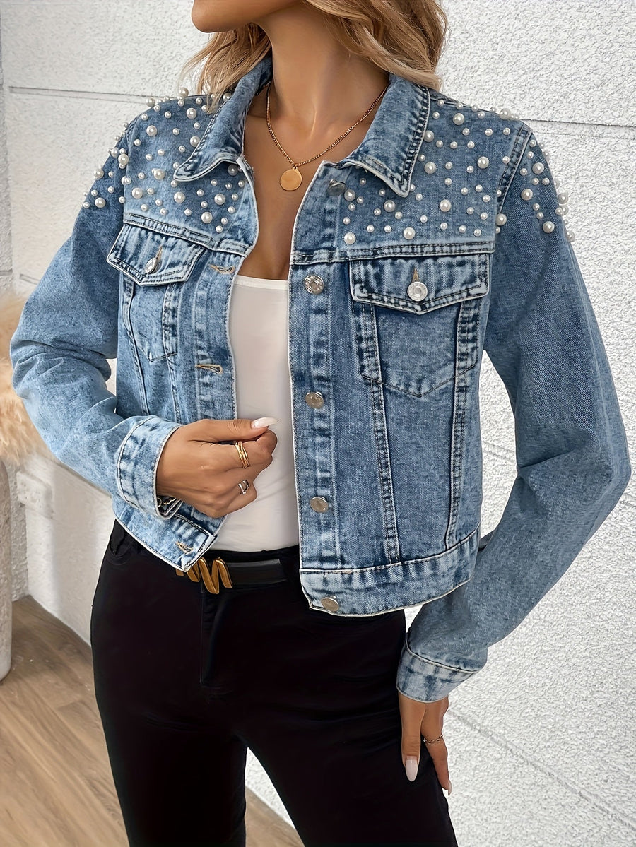 Dam jeansjacka med pärldekoration, ljusblå denim