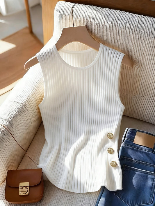 Dam Linne med Ribbad Struktur och Dekorativa Knappar – Elegant och Modern Basplagg