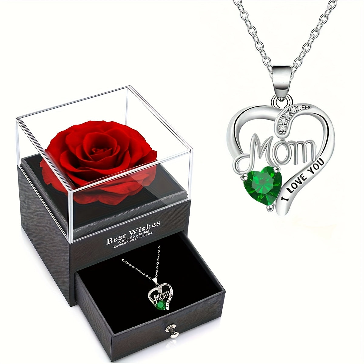 Smyckeset för Dam – Halsband med Hjärtformat 'Mom I Love You'-Hänge och Evighetsros i Presentask – Perfekt Gåva till Mamma