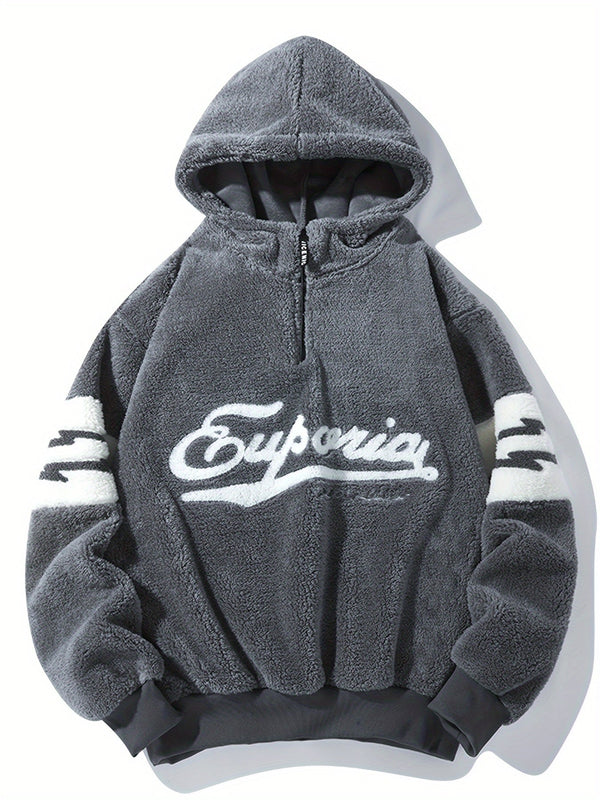 Fleecehuvtröja med halv dragkedja och broderad text, sportig design