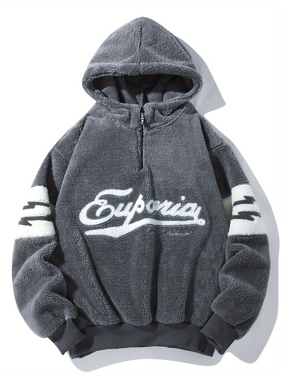 Fleecehuvtröja med halv dragkedja och broderad text, sportig design