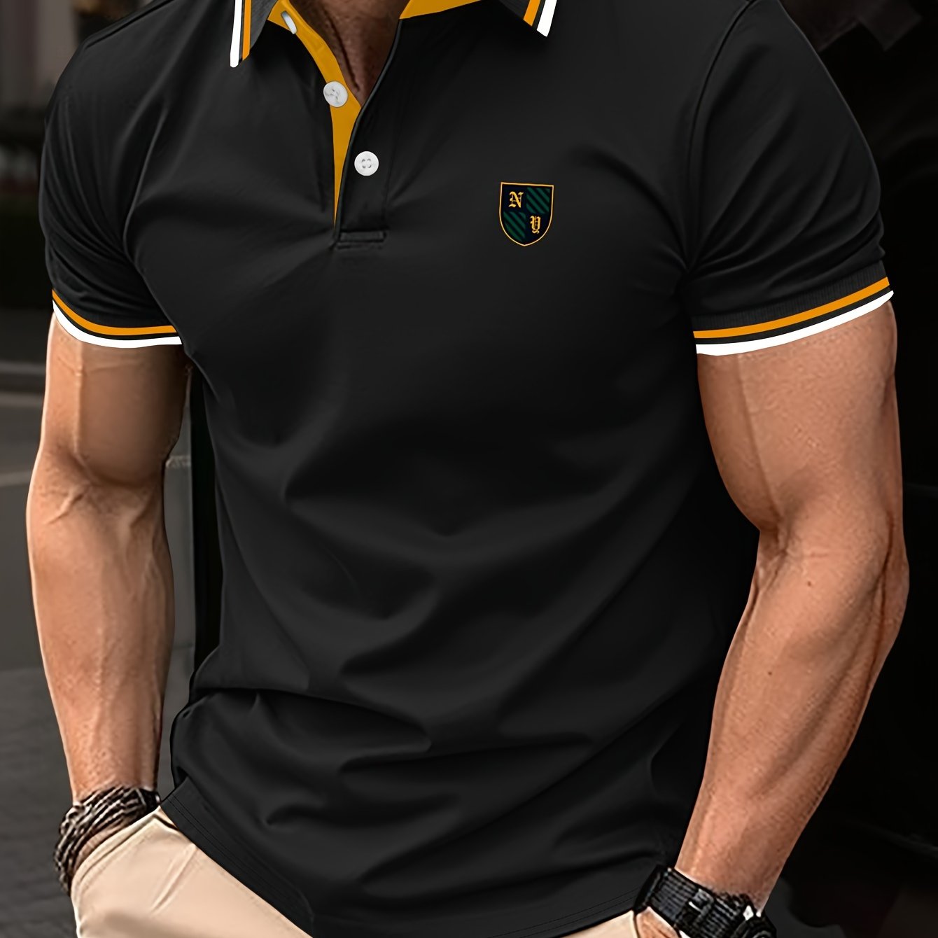 Herr Pikétröja Casual Polo Kort Ärmskjorta med Emblem – Modern Stil för Vardagsbruk