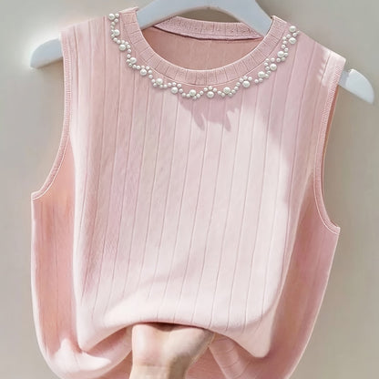 Dam Elegant Ribbad Ärmös Topp med Pärldetaljer – Perfekt för Vår och Sommar