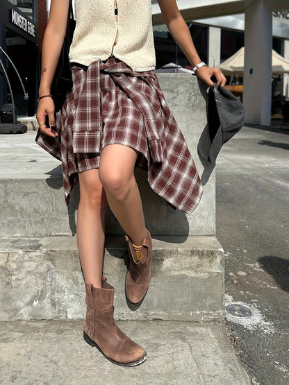 Dam Kjol Asymmetrisk Skjortstil Rutig Streetwear Urban Stil