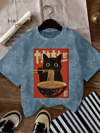 Unisex T-shirt med Vintage Katt och Ramen, Japansk Stil, Casual Mode