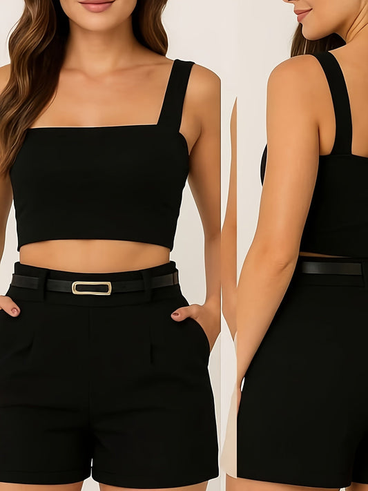 Damers eleganta kort topp och shorts med bälte – perfekt för sommar och fest