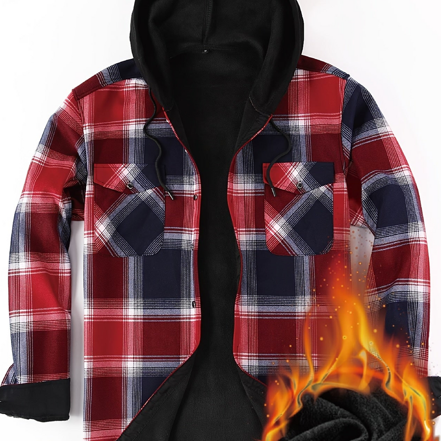 Men���s Plaid Hooded Thermal Flannel Shirt Jacket