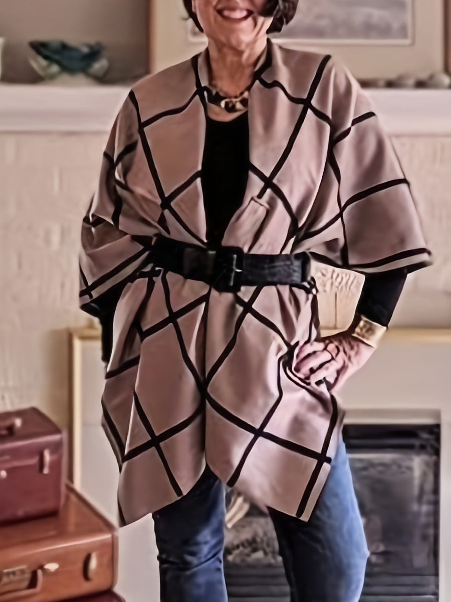 Damponcho Rutigt Mönster Beige Svart Med Sjalkrage
