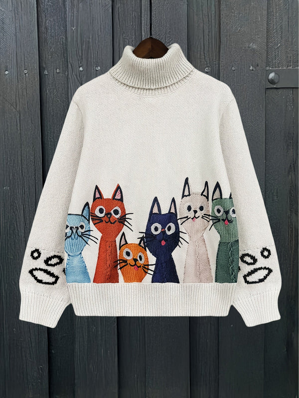 Polotröja med kattmotiv, benvit stickad tröja med rullkrage och färgglada katter