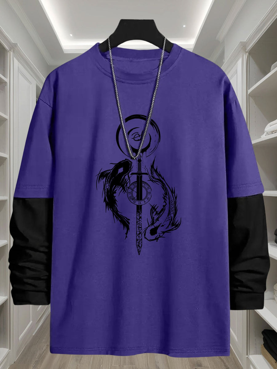 Långärmad t-shirt med lager-på-lager-look och svärd- & drakmotiv