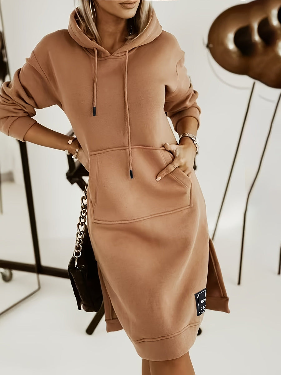 Dam Hoodiedress med Fickor, Lång Ärm och Sidosprund i Mjukt Material