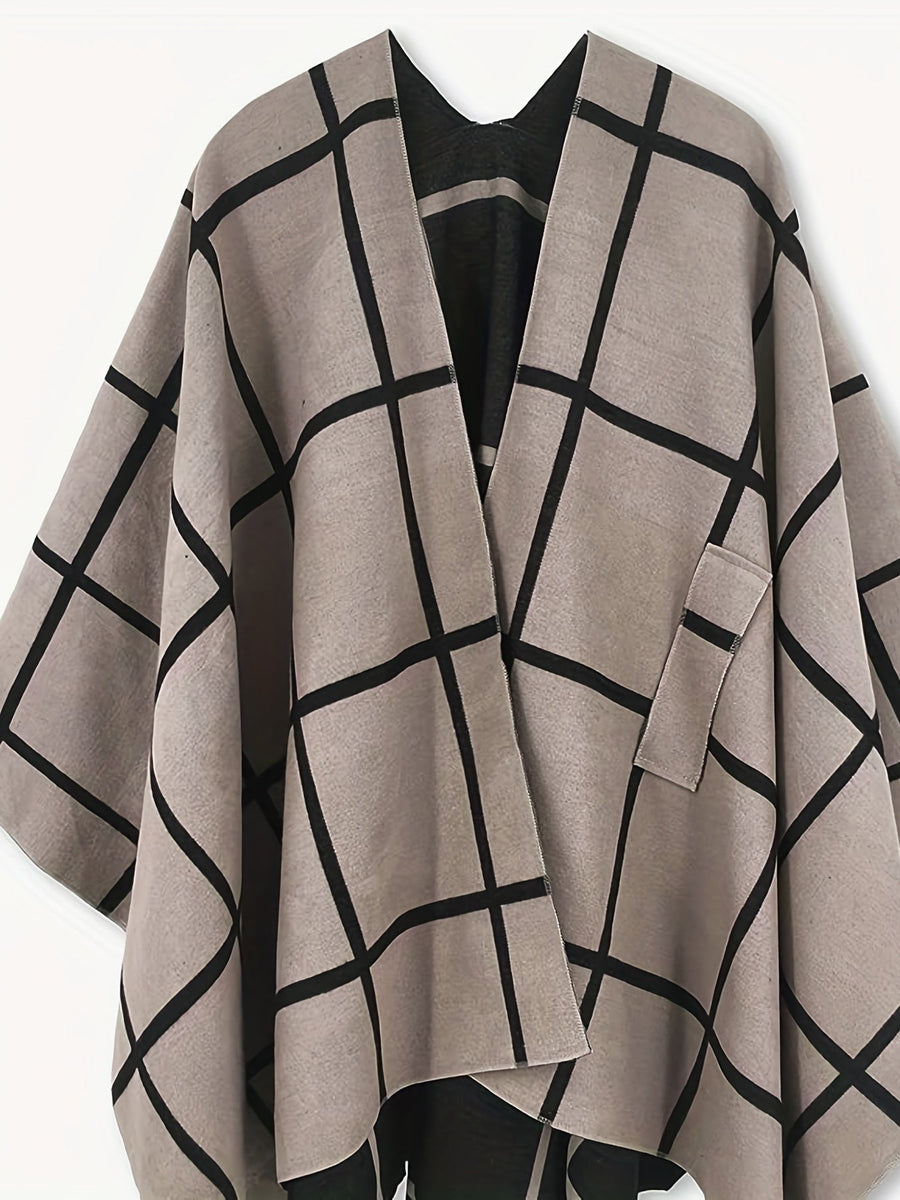 Damponcho Rutigt Mönster Beige Svart Med Sjalkrage