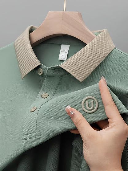 Herr Pikétröja Klassisk Casual med Kontrastkrage och Broderad Logotyp - Stilren för Vardag och Fritid