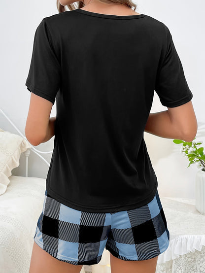 Dam Pyjamaset Kortärmad Topp och Rutiga Shorts – Sommar, Söt och Bekväm Loungeklädsel