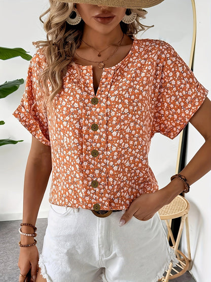 Dam Blommig Kortärmad Skjortblus – Elegant Sommarstil för Vardag och Semester