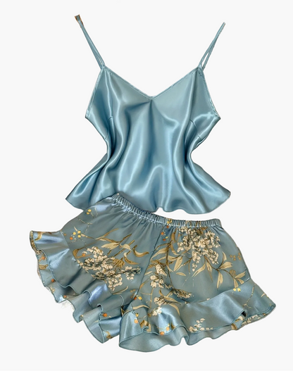 Damernas Satinpyjamas Set med Spetsdetaljer och Blommigt Mönster – Elegant Sommar Nattklädsel