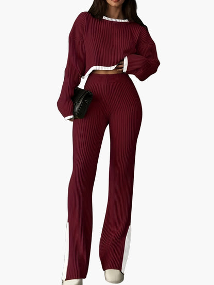 Dam Set Elegant Stickad Loungewear Set med Vida Byxor och Tröja – Perfekt för Höst och Vinter