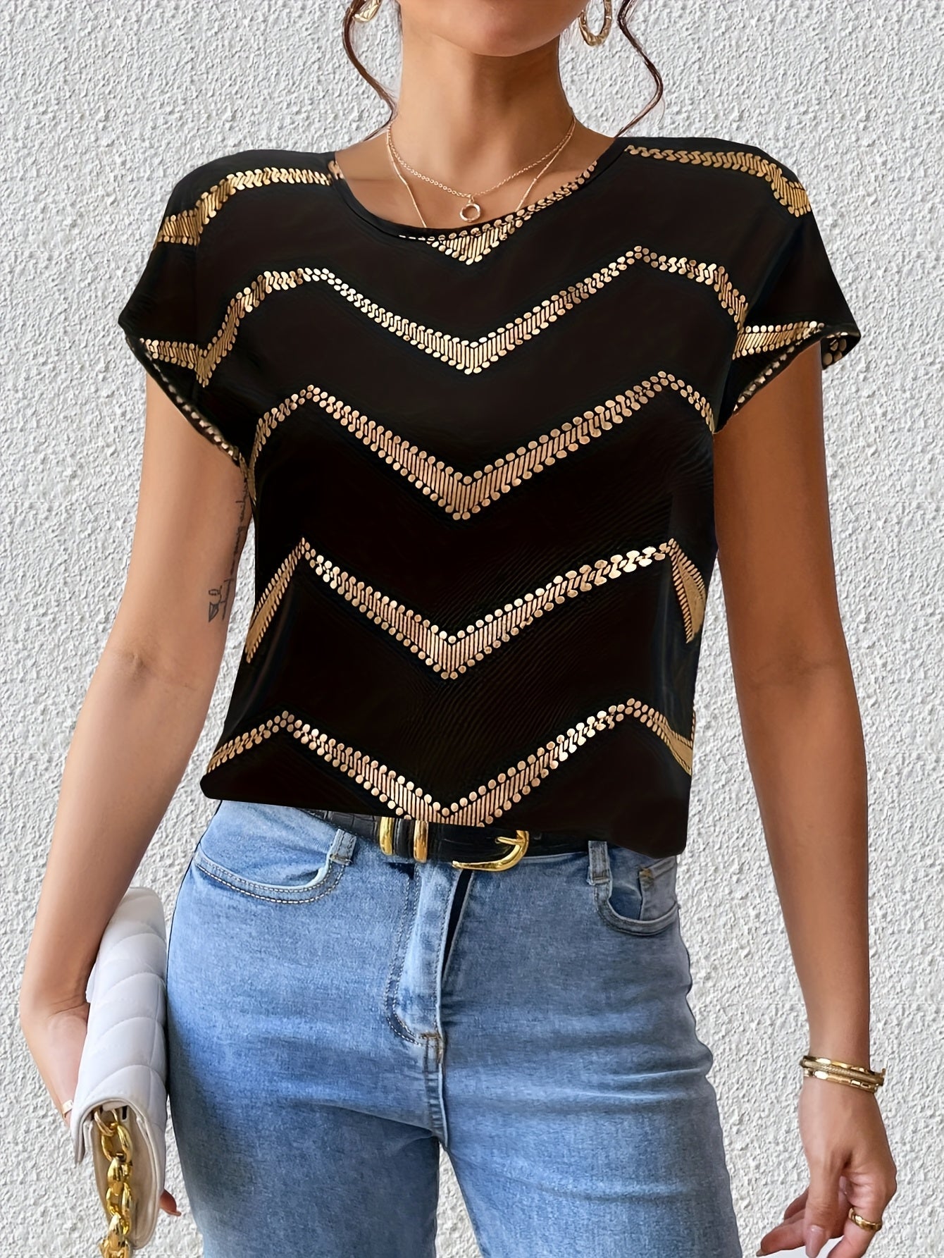 Dam Topp Elegant Geometriskt Mönster Kortärmad Blus för Vår och Sommar