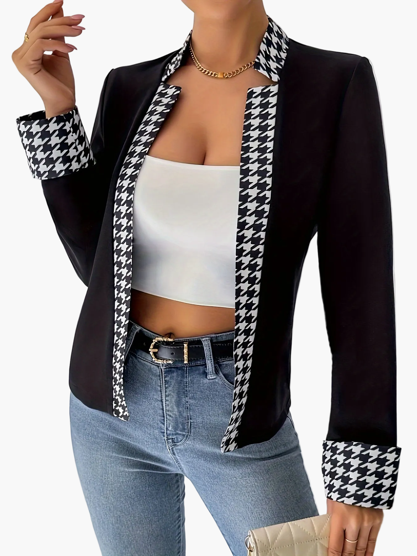 Dam Elegant Houndstooth Mönstrad Kavaj för Vår och Sommar