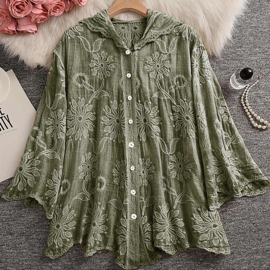 Dam Blus med huva och blommigt broderi, knappstängning