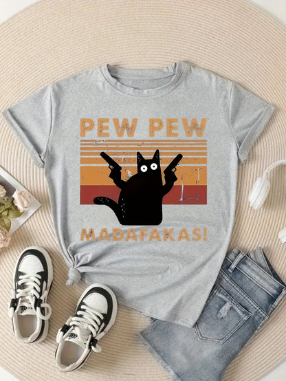 Herr T-shirt med rolig katt och retrotryck – Pew Pew Madafakas – Kort ärm, avslappnad stil