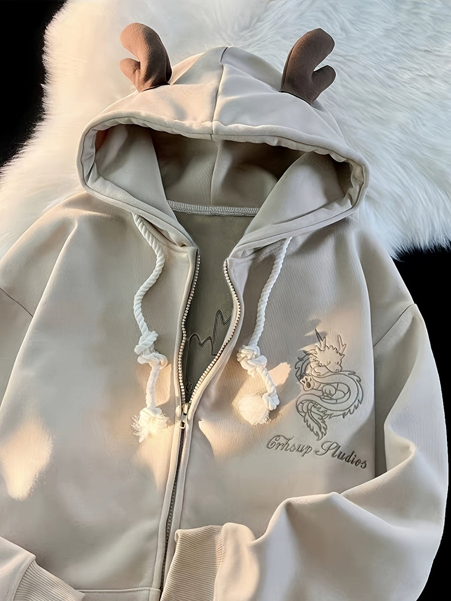 Beige Hoodie med Drakmönster och Horn, Dragkedja, Ribbade Muddar, Lös Passform