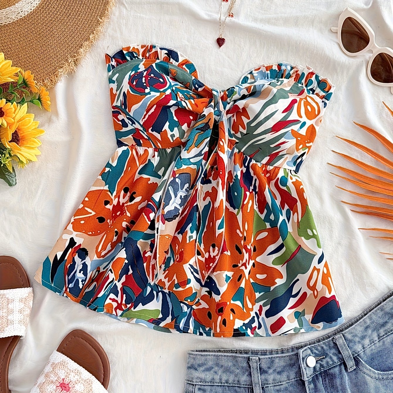 Dam Bandeau Knuten Kort Top – Somrig Blommig Design för Semester & Strand