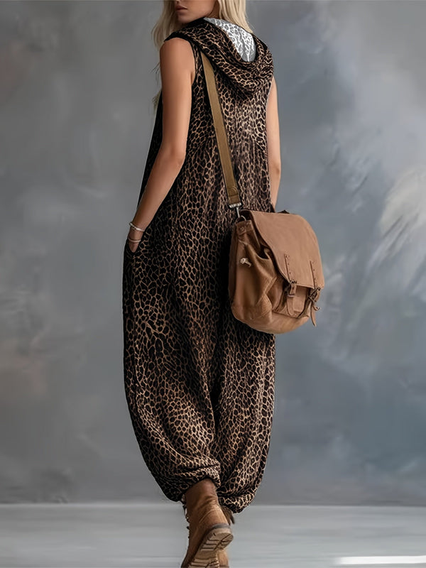 Leopardmönstrad damjumpsuit med huva och dragkedja, ärmlös