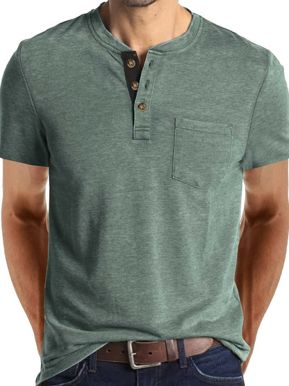 Herr T-shirt med knappslå och bröstficka – Casual stil för vardag och fritid