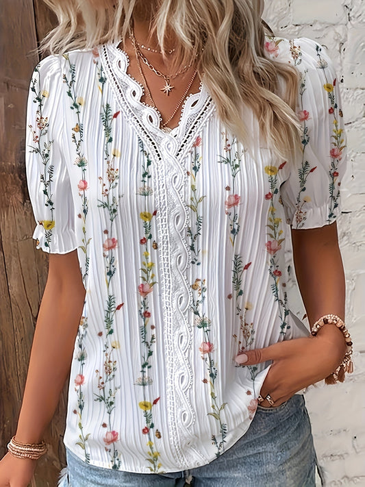 Dam Blus Elegant Somrig V-ringad Blommig Kortärmad Weekend Casual