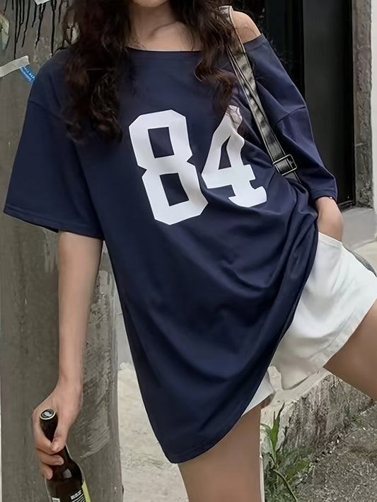 Dam T-shirt Oversize med Nummertryck – Sportig College Stil, Avslappnad Streetwear