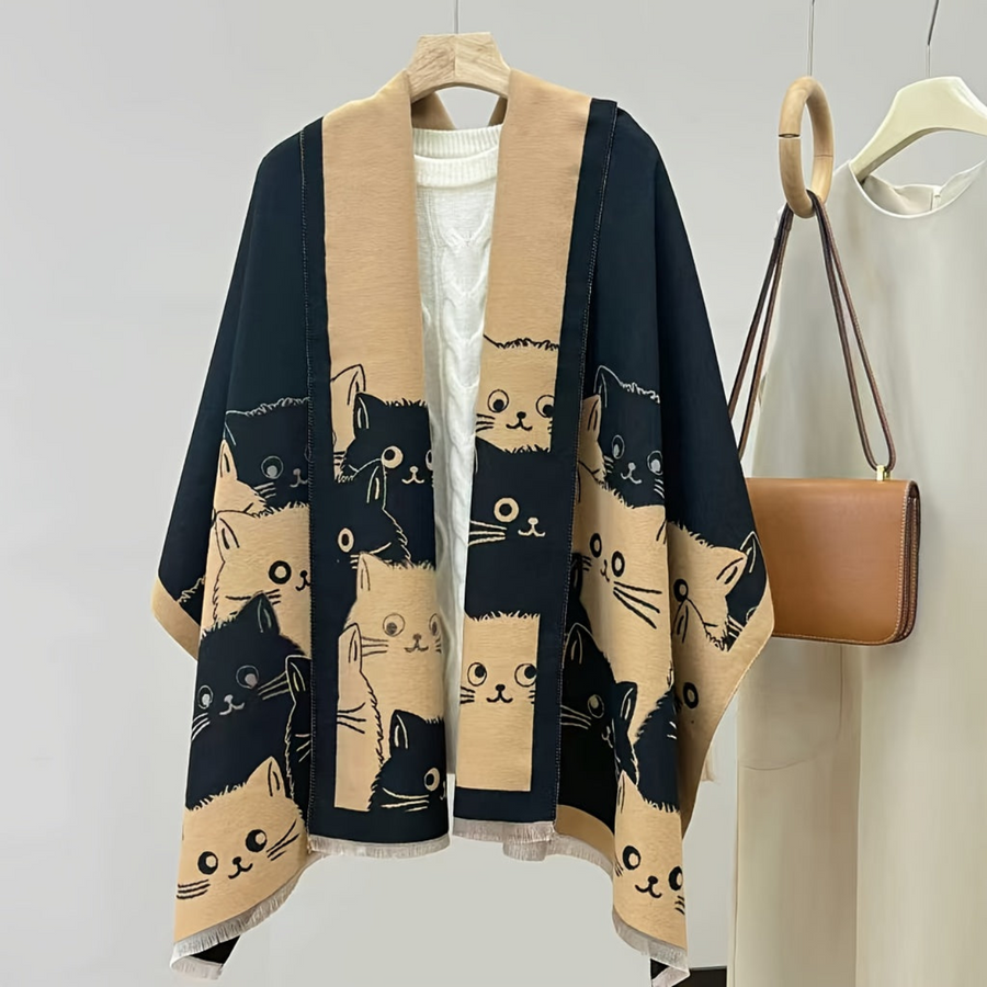 Poncho med kattmotiv och fransar, brun