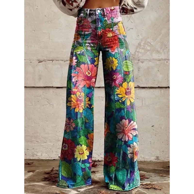 Jennifer – Tryckta Högmidjade Långa Byxor i Premium Vegan Denim